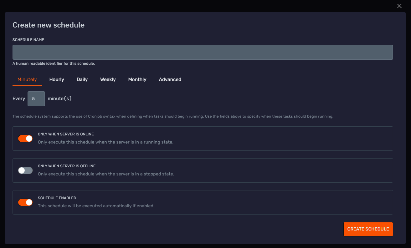 DuckPanel schedule creation form with timing controls