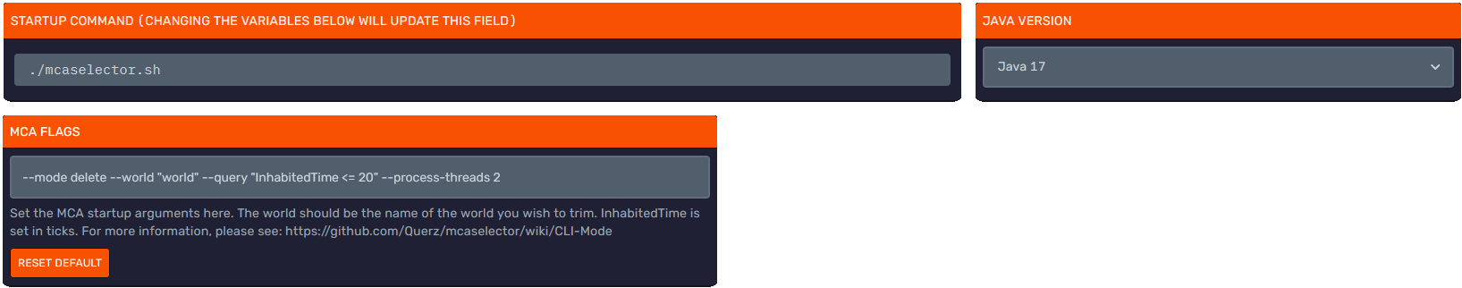 DuckPanel Startup tab showing MCA Selector flags
