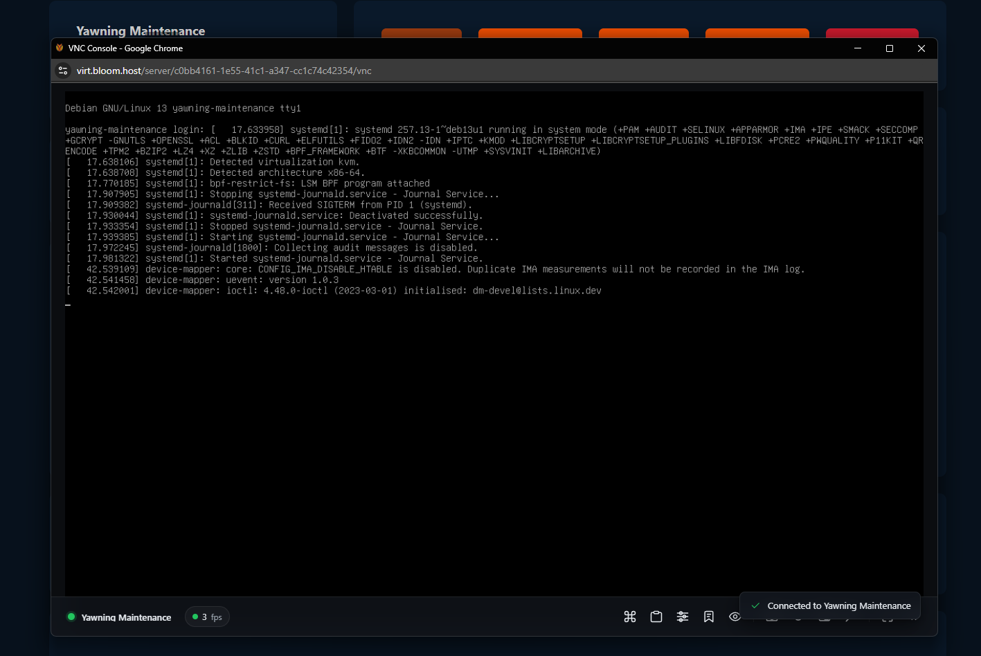 VirtFusion VNC console open for the selected VPS