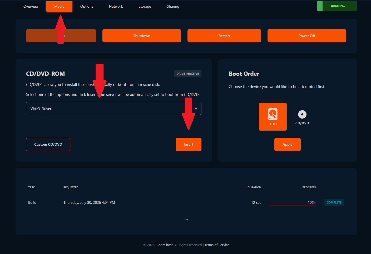 VirtFusion Media tab showing where to select and insert an image